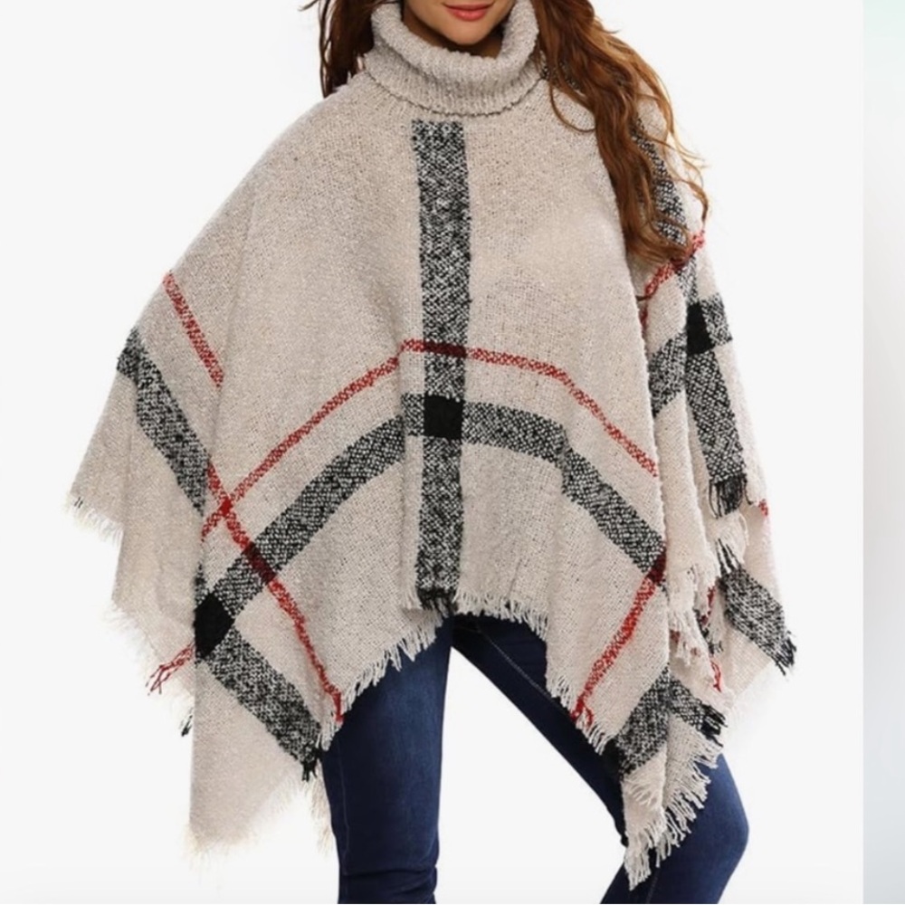 🍂 Plus Size Plaid Turtleneck Knitted Cape Coat, Casual Tassel Trim